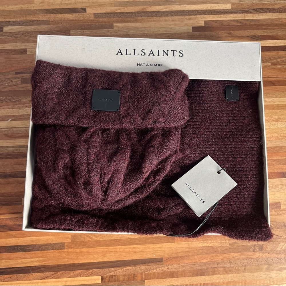 All Saints Burgundy Hat and Scarf Set